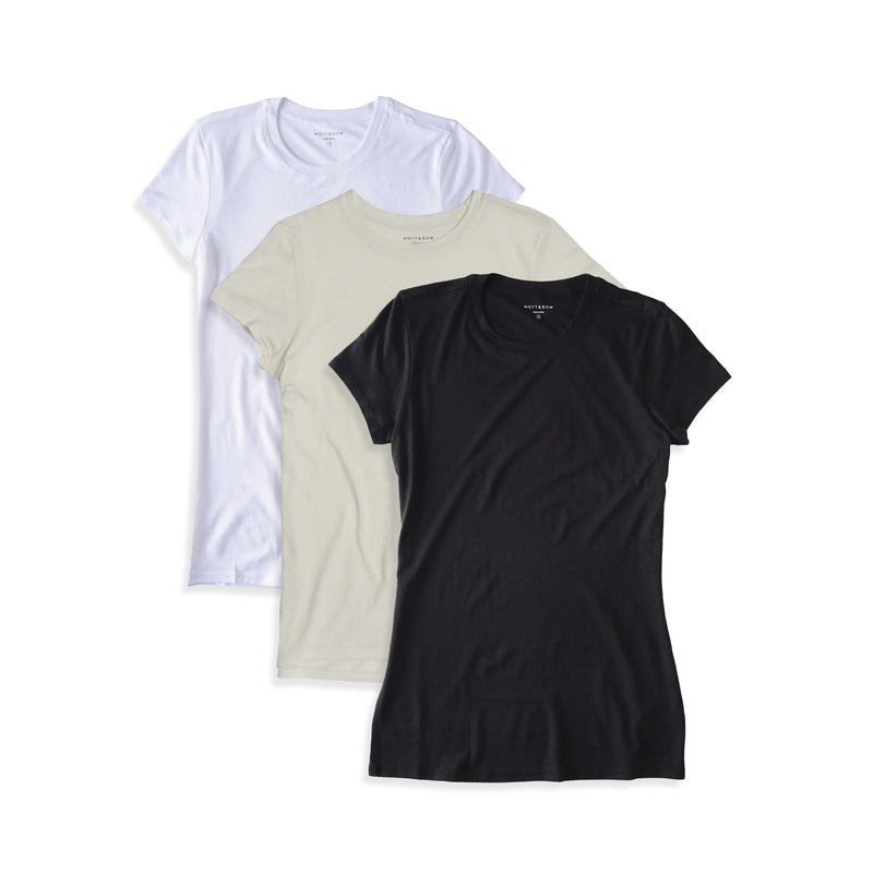 Women wearing White/Vintage White/Black Fitted Crew Marcy 3-Pack tees