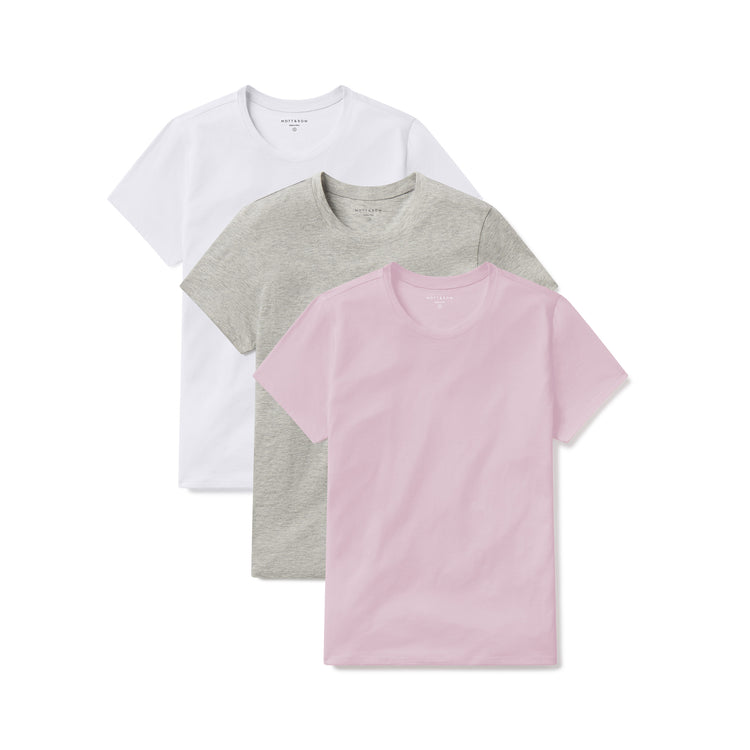 Women wearing White/Heather Gray/Rose Pink Fitted Crew Marcy 3-Pack