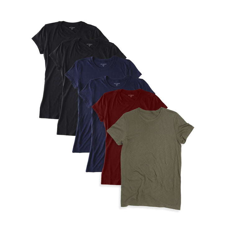 Women wearing Black/Navy/Crimson/Military Green Fitted Crew Marcy 6-Pack