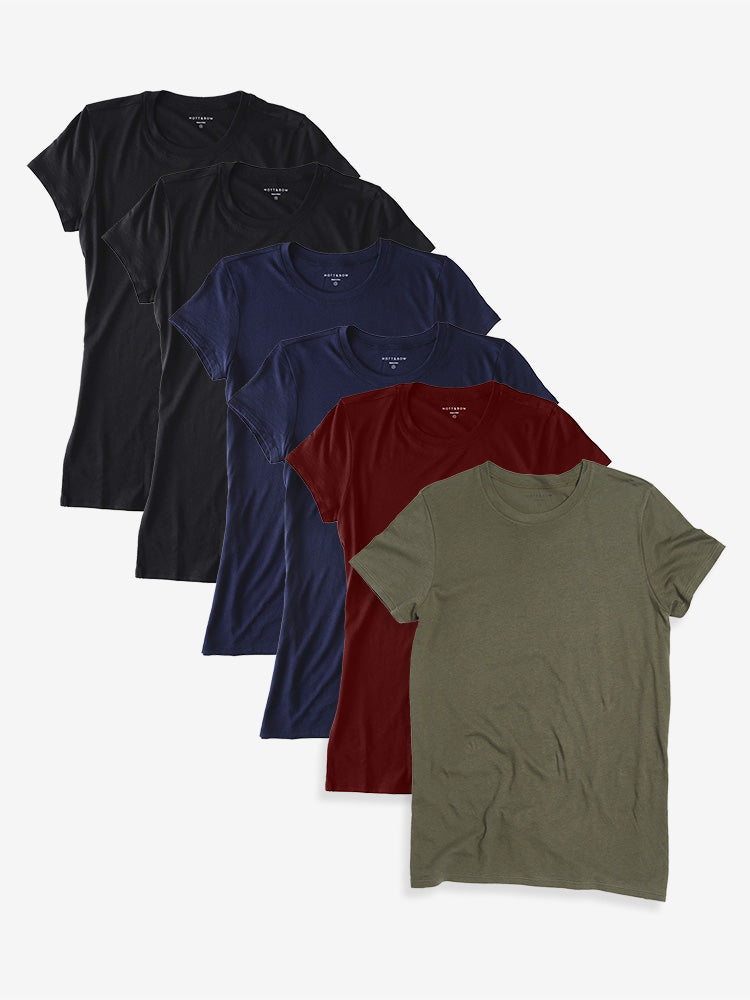 Women wearing Black/Navy/Crimson/Military Green Fitted Crew Marcy 6-Pack tees
