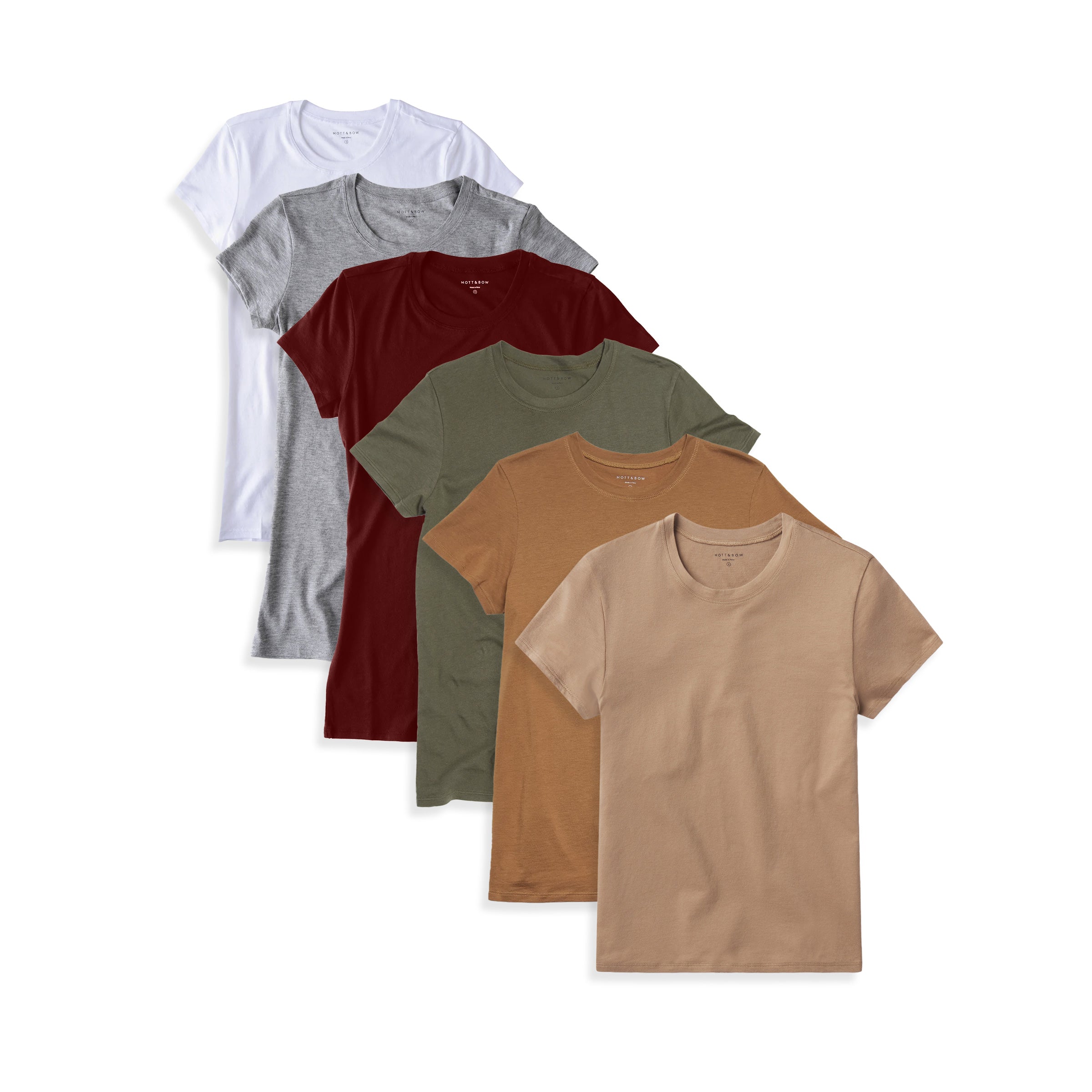 Women wearing Military Green/White/Cardamom/Heather Gray/Crimson/Sienna Fitted Crew Marcy 6-Pack tees