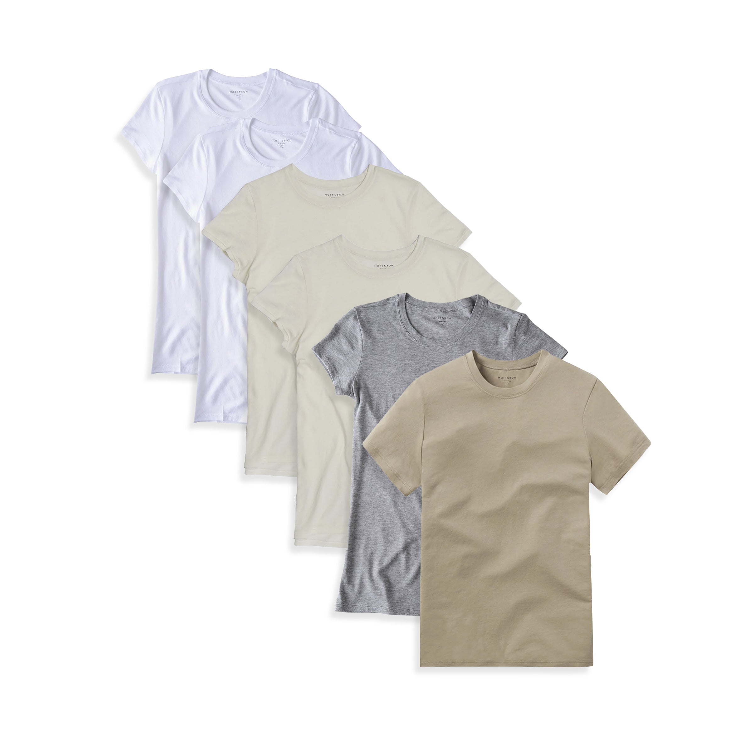 Women wearing White/Vintage White/Heather Gray/Olive Fitted Crew Marcy 6-Pack tees