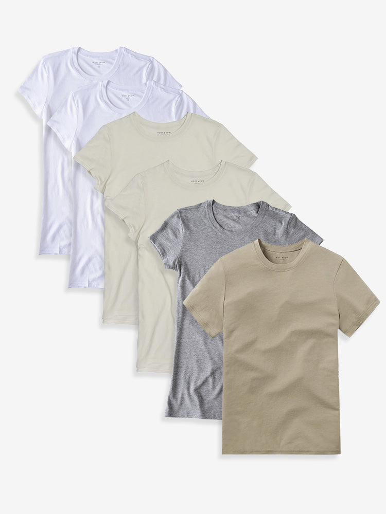 Women wearing White/Vintage White/Heather Gray/Olive Fitted Crew Marcy 6-Pack tees
