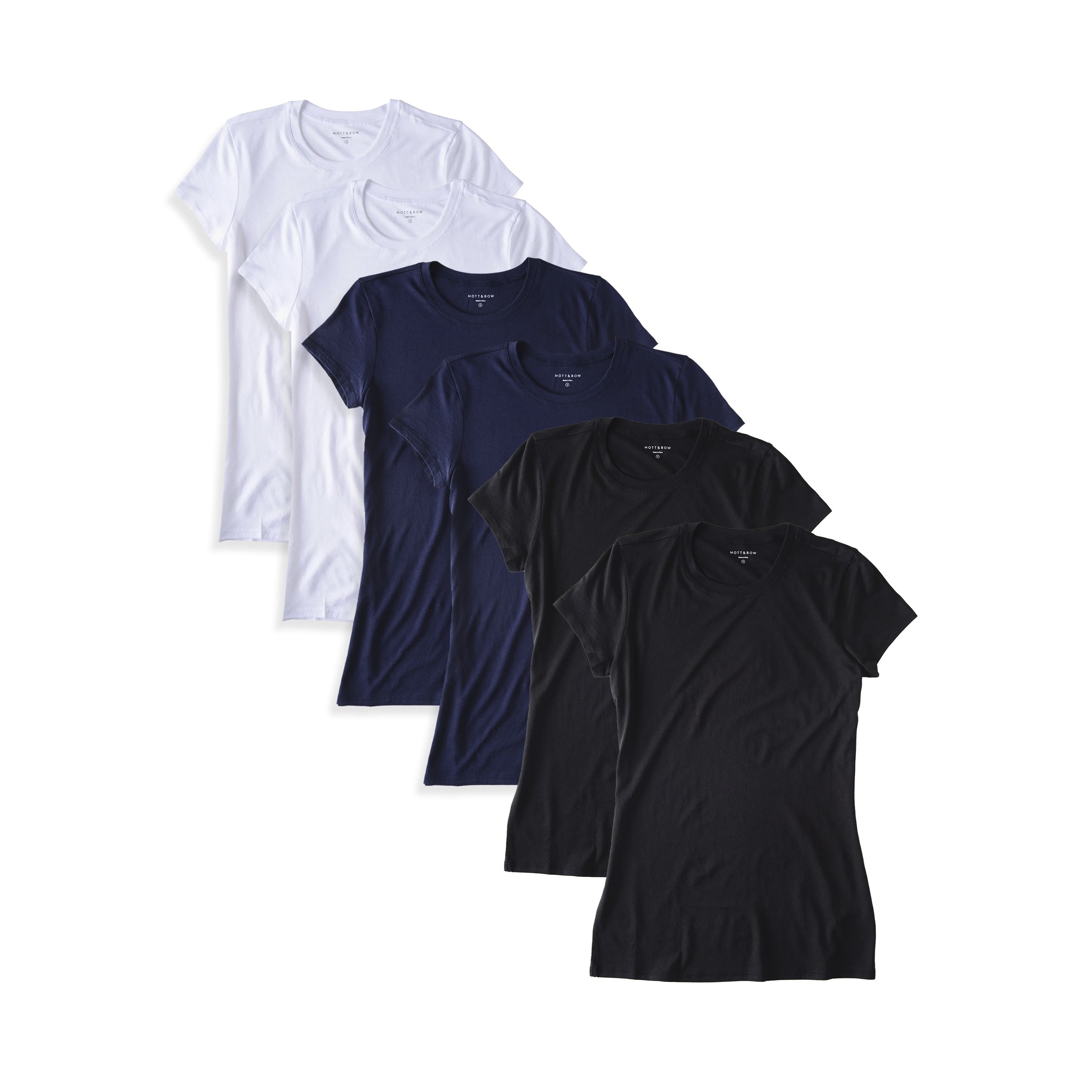 Women wearing Black/Navy/White Fitted Crew Marcy 6-Pack tees