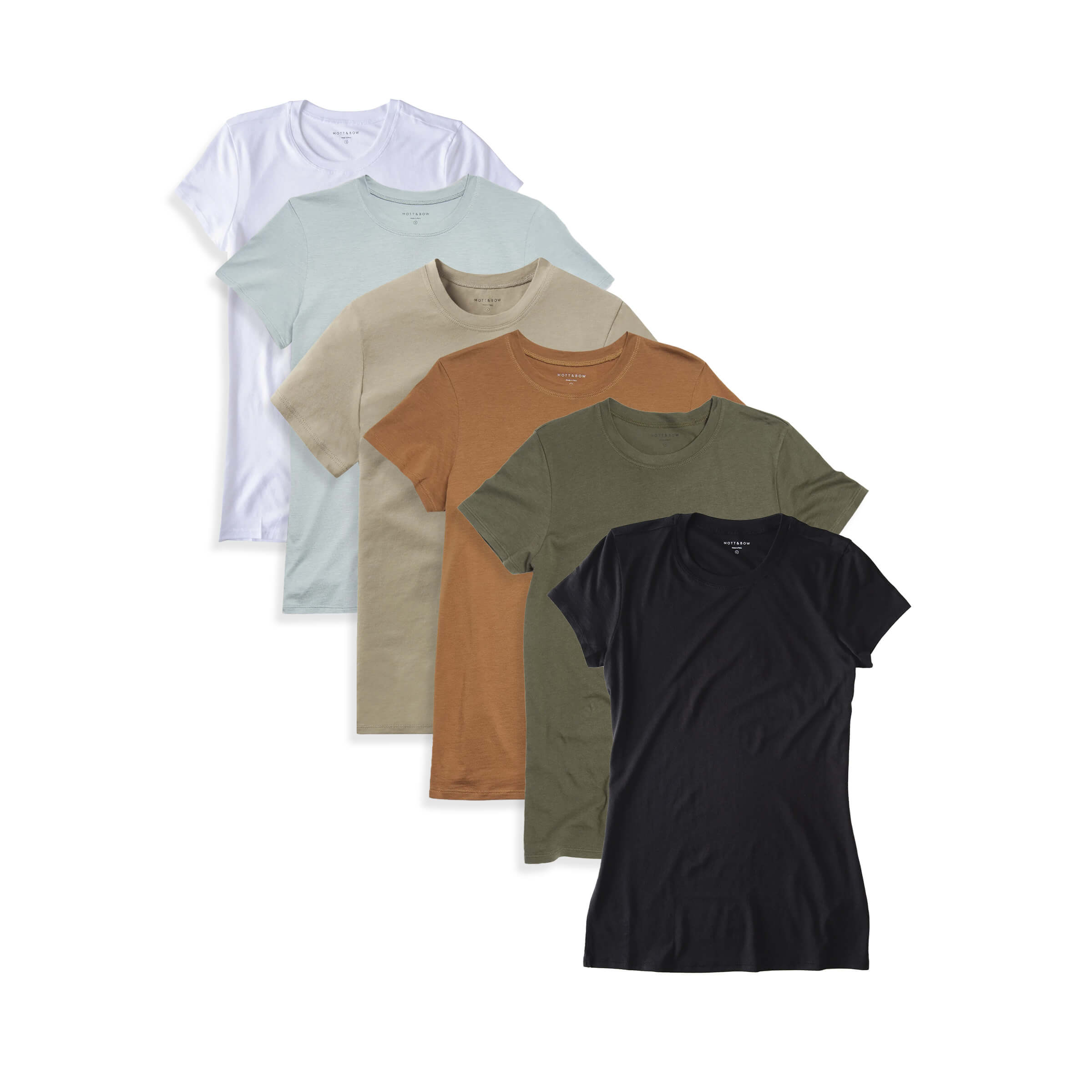 Women wearing White/Vine/Olive/Cardamom/Military Green/Black Fitted Crew Marcy 6-Pack tees