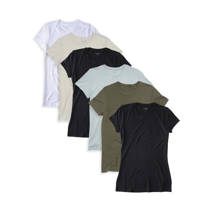 Women wearing White/Vintage White/Black/Vine/Military Green/Black Fitted Crew Marcy 6-Pack