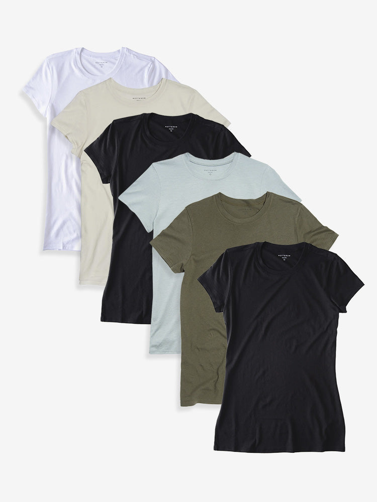 Women wearing White/Vintage White/Black/Vine/Military Green/Black Fitted Crew Marcy 6-Pack tees