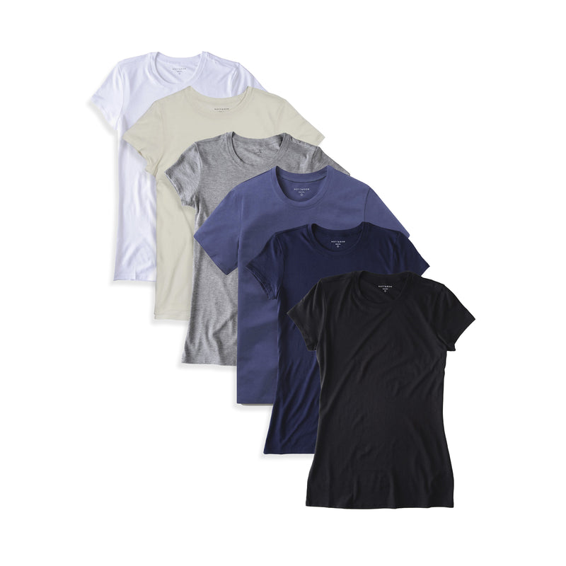 Women wearing White/Vintage White/Heather Gray/Vintage Navy/Navy/Black Fitted Crew Marcy 6-Pack tees