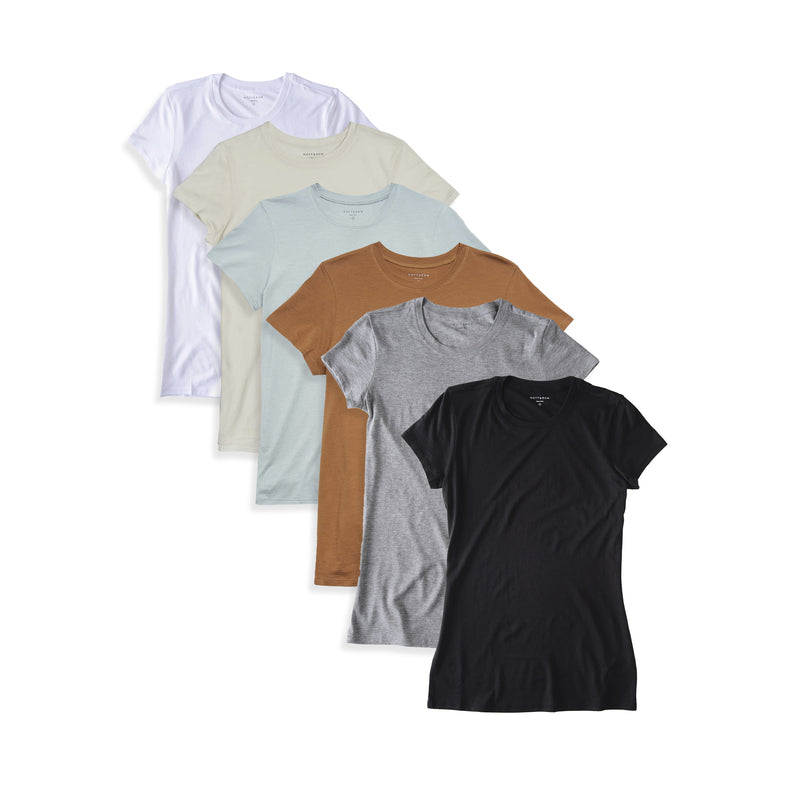 Women wearing Blanc/Blanc Vintage/Vine/Cardamome/Gris Chinée/Noir Fitted Crew Marcy 6-Pack tees