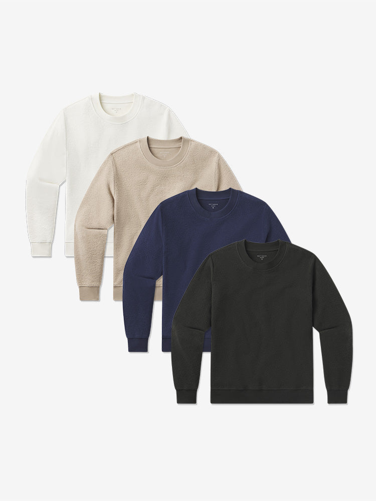 Women wearing Caramel/Ivory/Soft Navy/Faded Black Crew Neck Fleece Sweatshirt 4-Pack