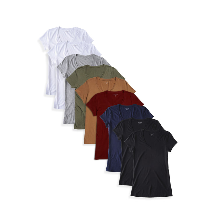 Women wearing 2 White/2 Black/Heather Gray/Navy/Military Green/Crimson/Cardamon Fitted V-Neck Marcy 9-Pack