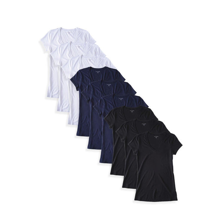 Women wearing 3 White/3 Navy/3 Black Fitted V-Neck Marcy 9-Pack