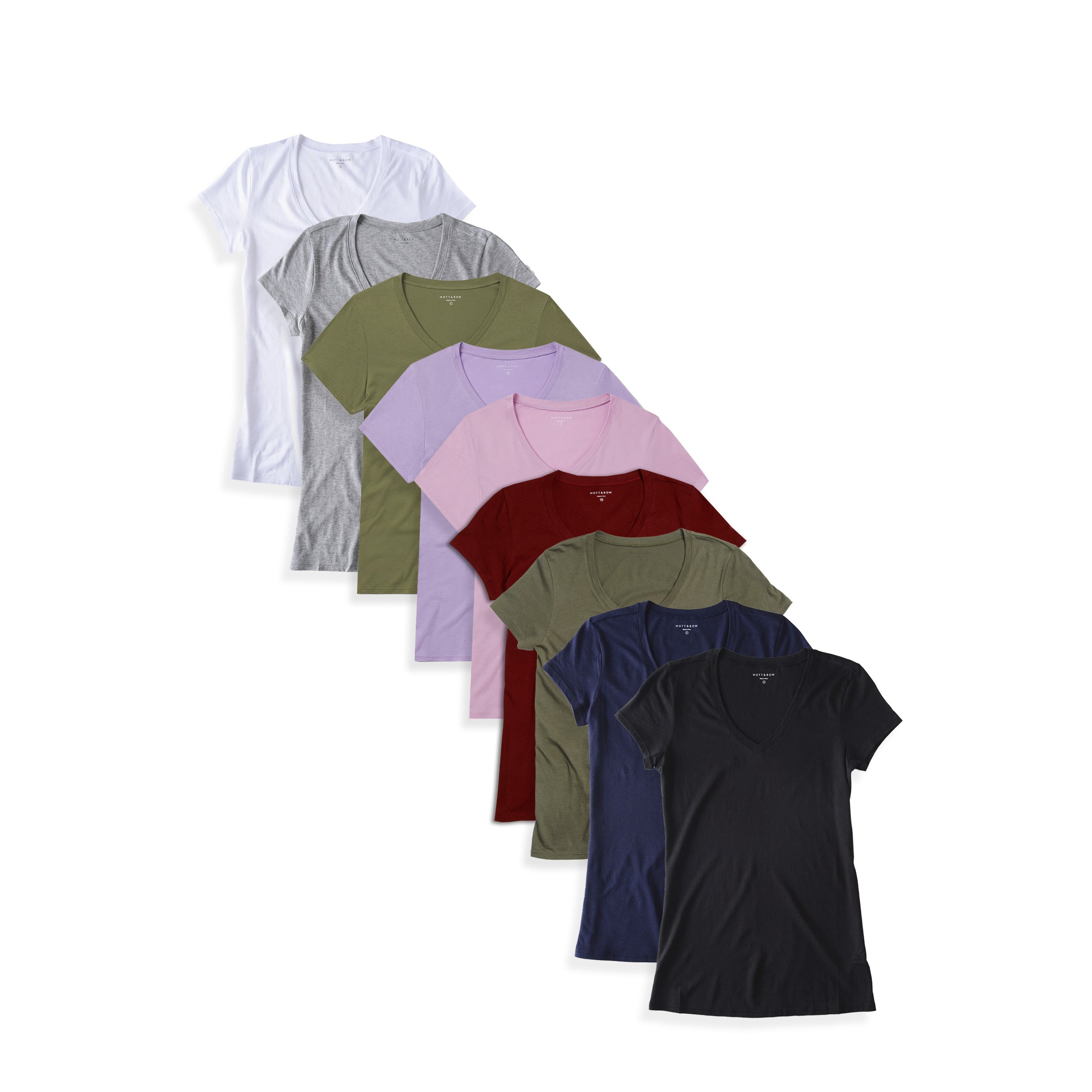 Women wearing Black/White/Heather Gray/Navy/Military Green/Crimson/Lilac/Rose Pink/Rosemary Fitted V-Neck Marcy 9-Pack