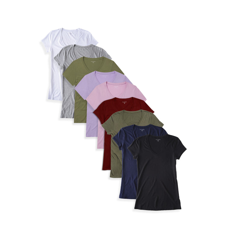Women wearing Black/White/Heather Gray/Navy/Military Green/Crimson/Lilac/Rose Pink/Rosemary Fitted V-Neck Marcy 9-Pack