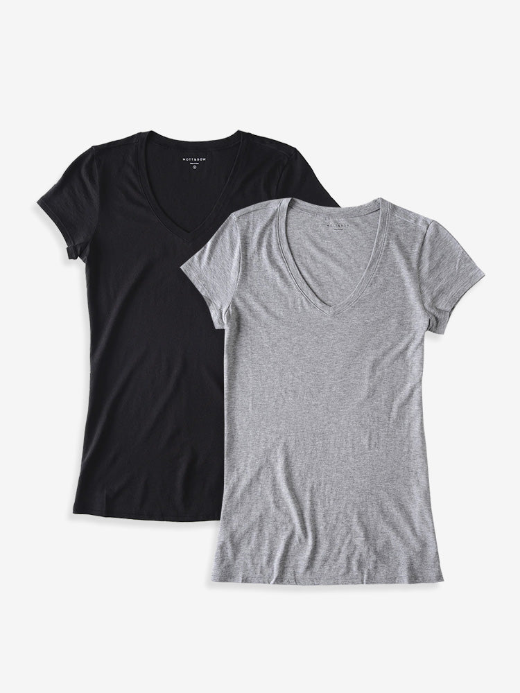  wearing Heather Gray/Black Fitted V-Neck Marcy 2-Pack