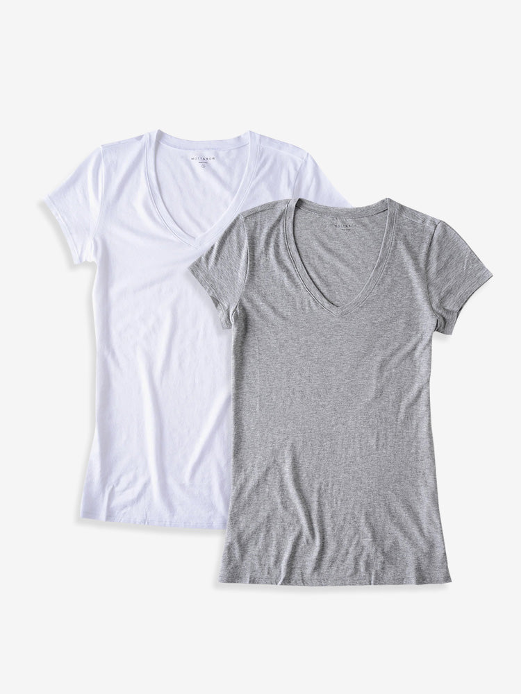  wearing Heather Gray/White Fitted V-Neck Marcy 2-Pack