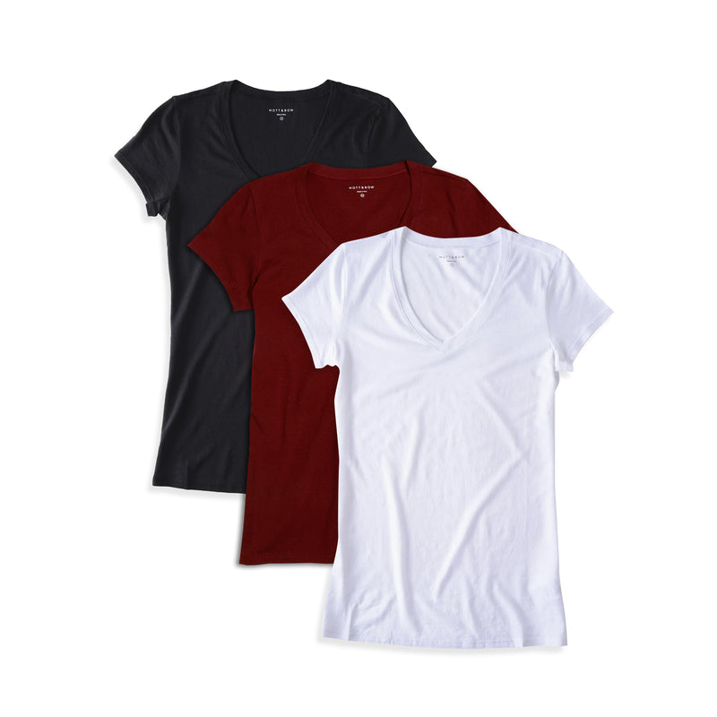 Women wearing Black/Crimson/White Fitted V-Neck Marcy 3-Pack tees