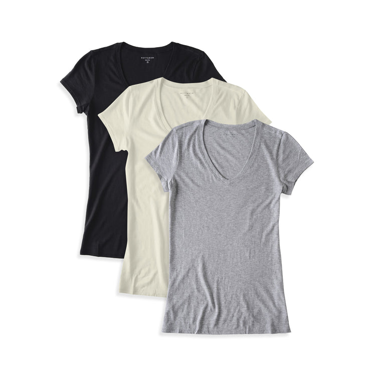 Women wearing Black/Vintage White/Heather Gray Fitted V-Neck Marcy 3-Pack