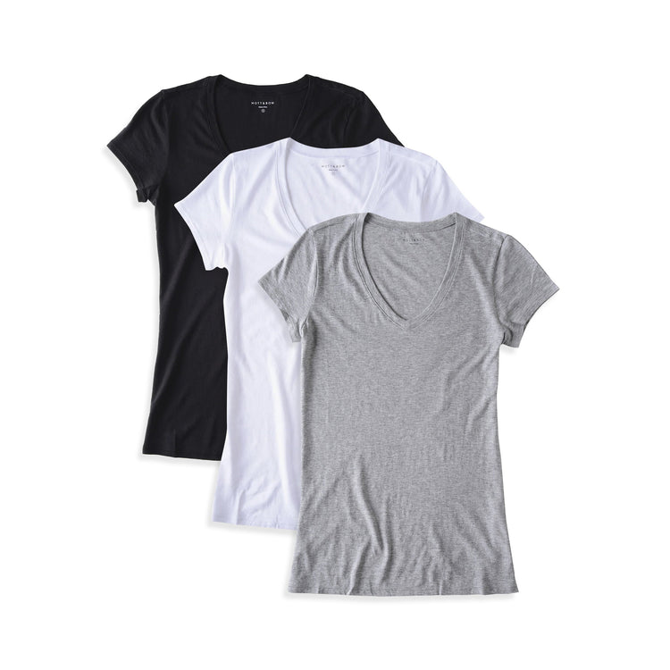  wearing Black/White/Heather Gray Fitted V-Neck Marcy 3-Pack