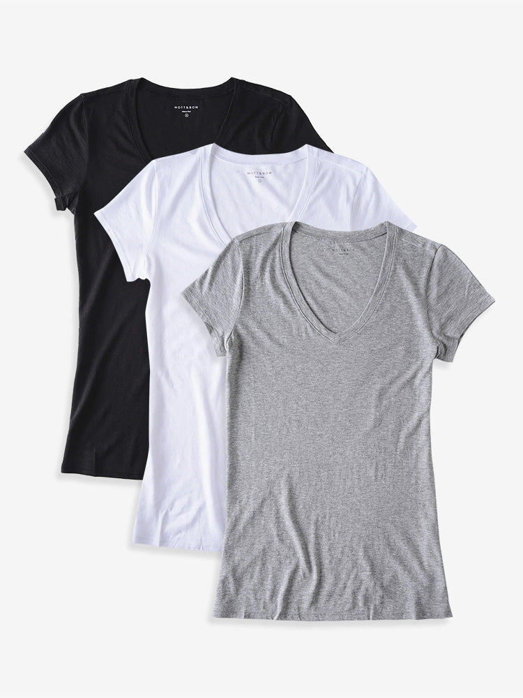 Women wearing Black/White/Heather Gray Fitted V-Neck Marcy 3-Pack tees