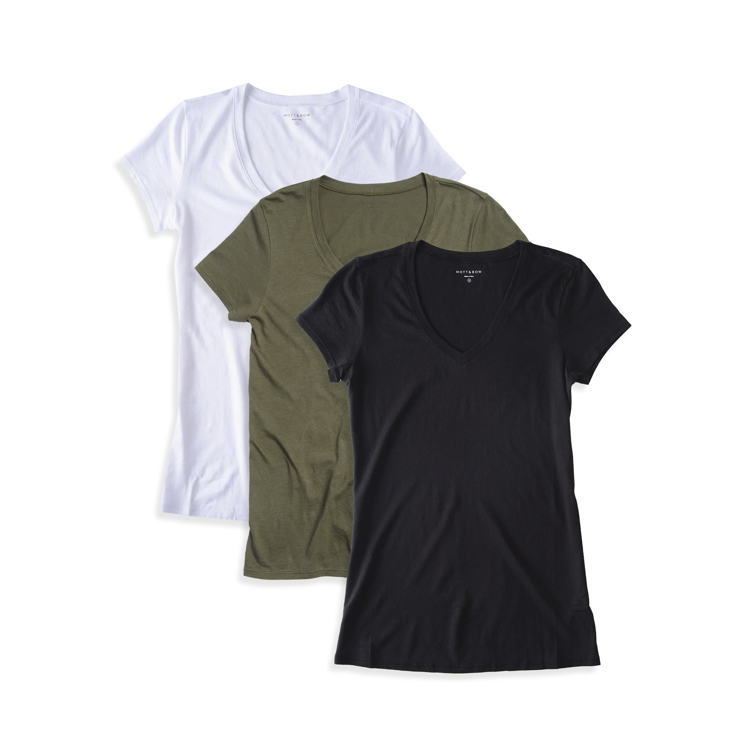  wearing Black/White/Military Green Fitted V-Neck Marcy 3-Pack