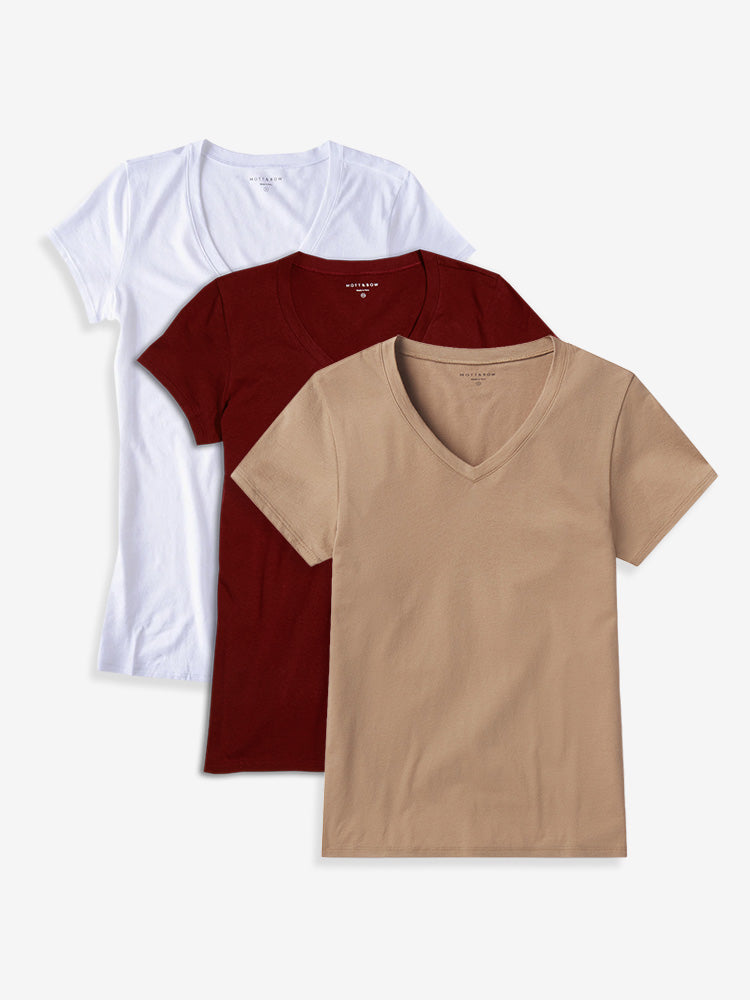 Women wearing Crimson/Sienna/White Fitted V-Neck Marcy 3-Pack