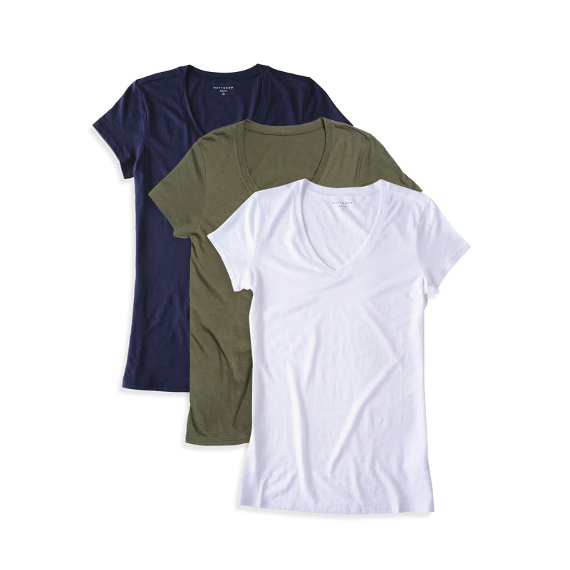 Women wearing Military Green/Navy/White Fitted V-Neck Marcy 3-Pack tees