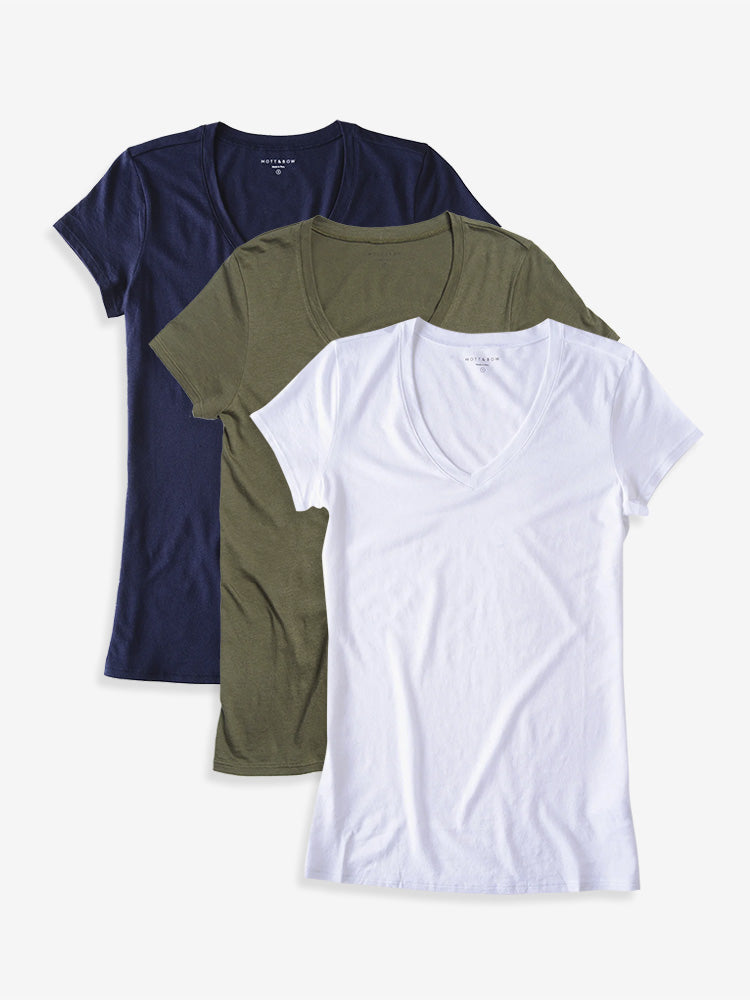 Women wearing Military Green/Navy/White Fitted V-Neck Marcy 3-Pack