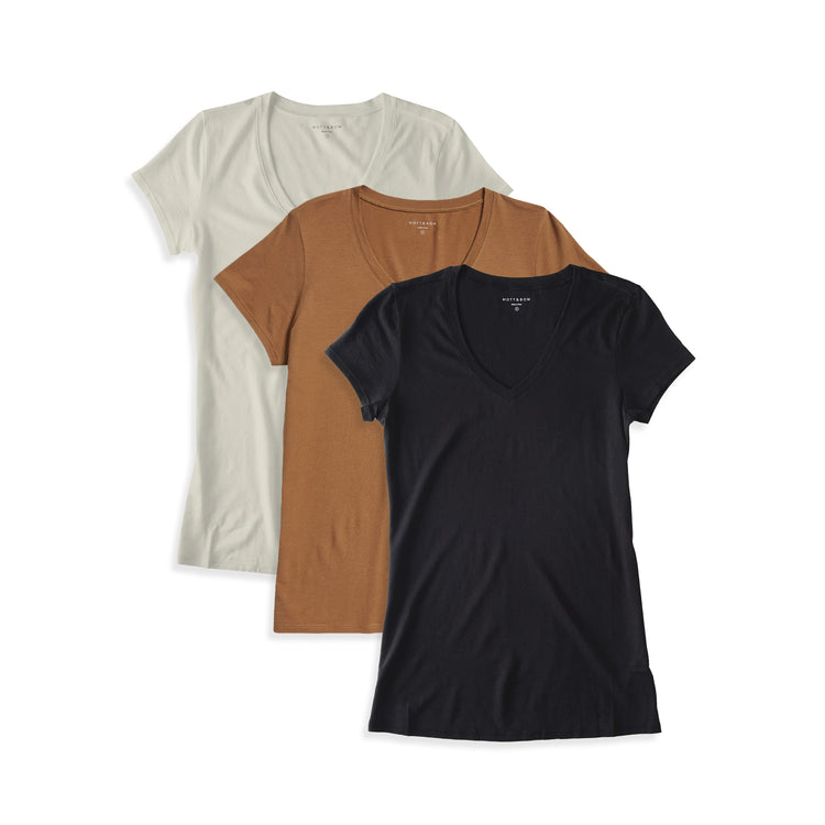 Women wearing Blanco vintage/Cardamomo/Negro Fitted V-Neck Marcy 3-Pack