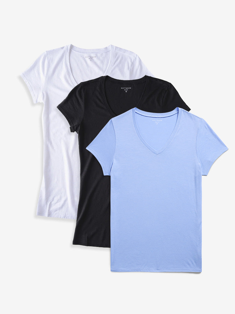 Women wearing White/Black/Hydrangea Fitted V-Neck Marcy 3-Pack