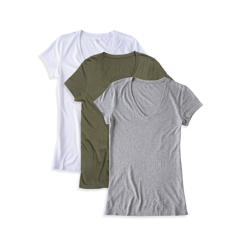 Women wearing White/Heather Gray/Military Green Fitted V-Neck Marcy 3-Pack tees
