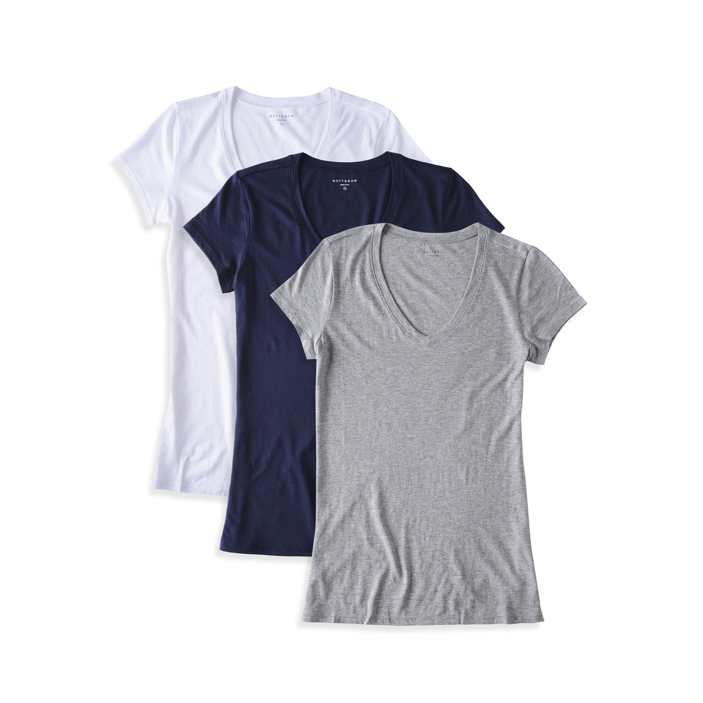 Women wearing White/Heather Gray/Navy Fitted V-Neck Marcy 3-Pack tees