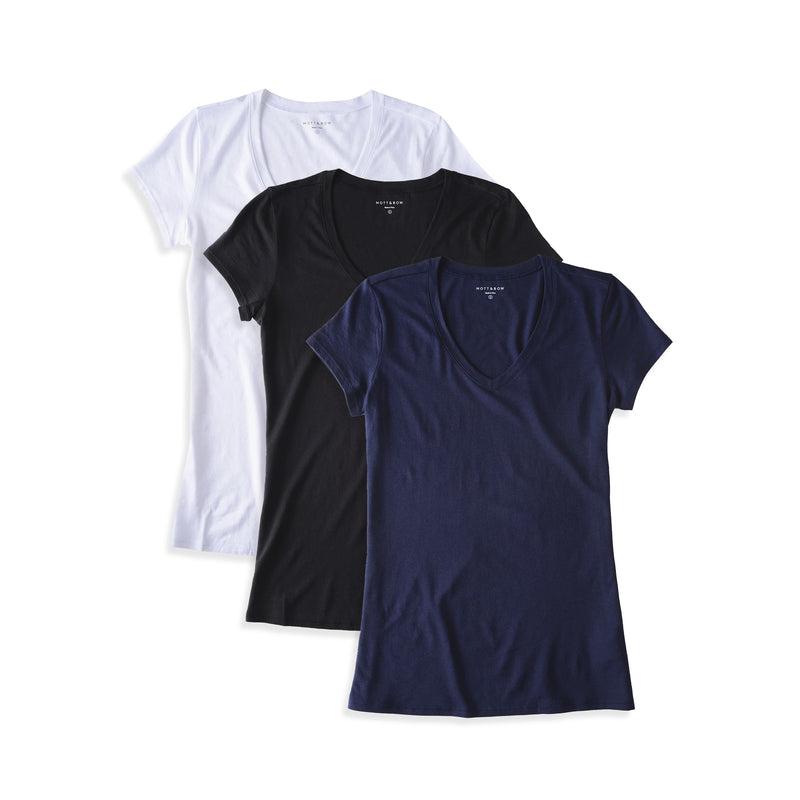 Women wearing Blanc/Noir/Bleu Marine Fitted V-Neck Marcy 3-Pack tees