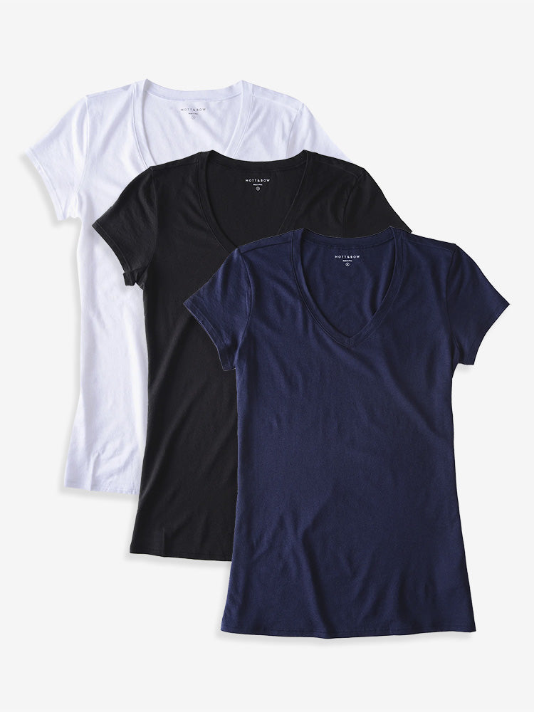 Women wearing White/Black/Navy Fitted V-Neck Marcy 3-Pack