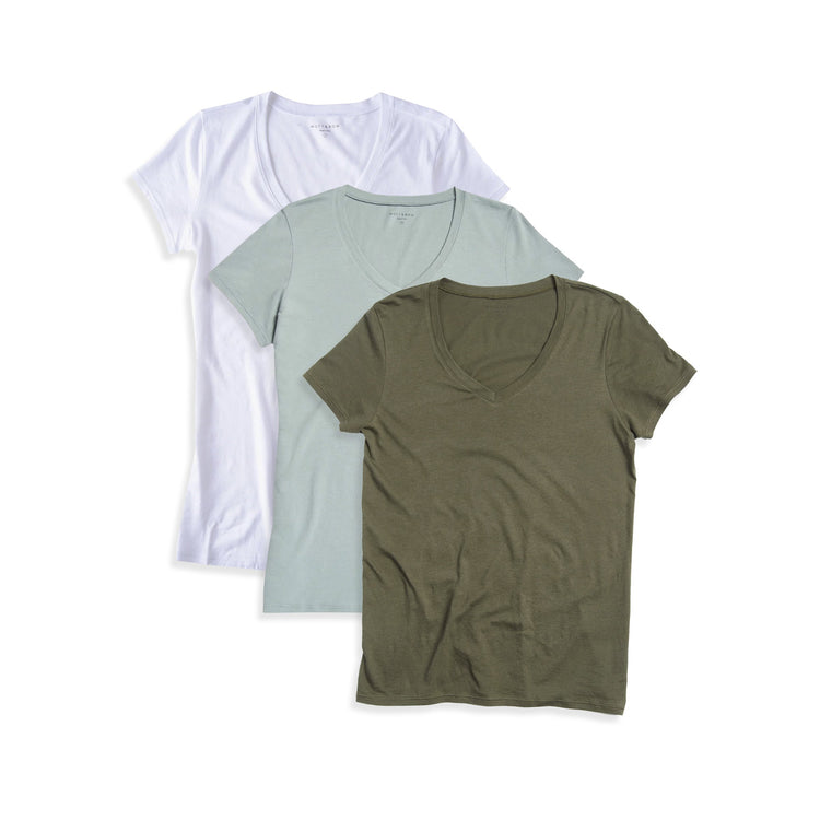  wearing White/Vine/Military Green Fitted V-Neck Marcy 3-Pack