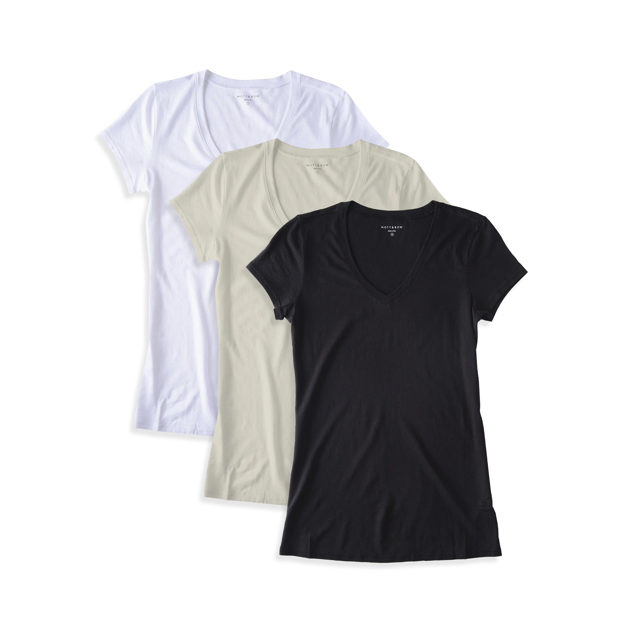 Women wearing Blanc/Blanc Vintage/Noir Fitted V-Neck Marcy 3-Pack tees