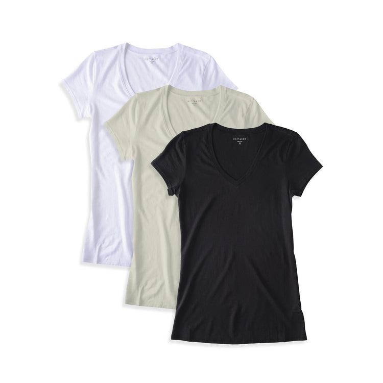 Women wearing White/Vintage White/Black Fitted V-Neck Marcy 3-Pack
