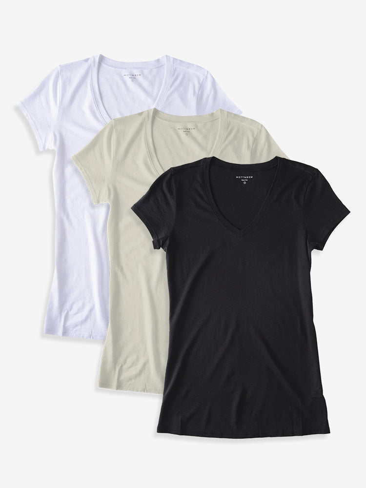 Women wearing Blanc/Blanc Vintage/Noir Fitted V-Neck Marcy 3-Pack tees