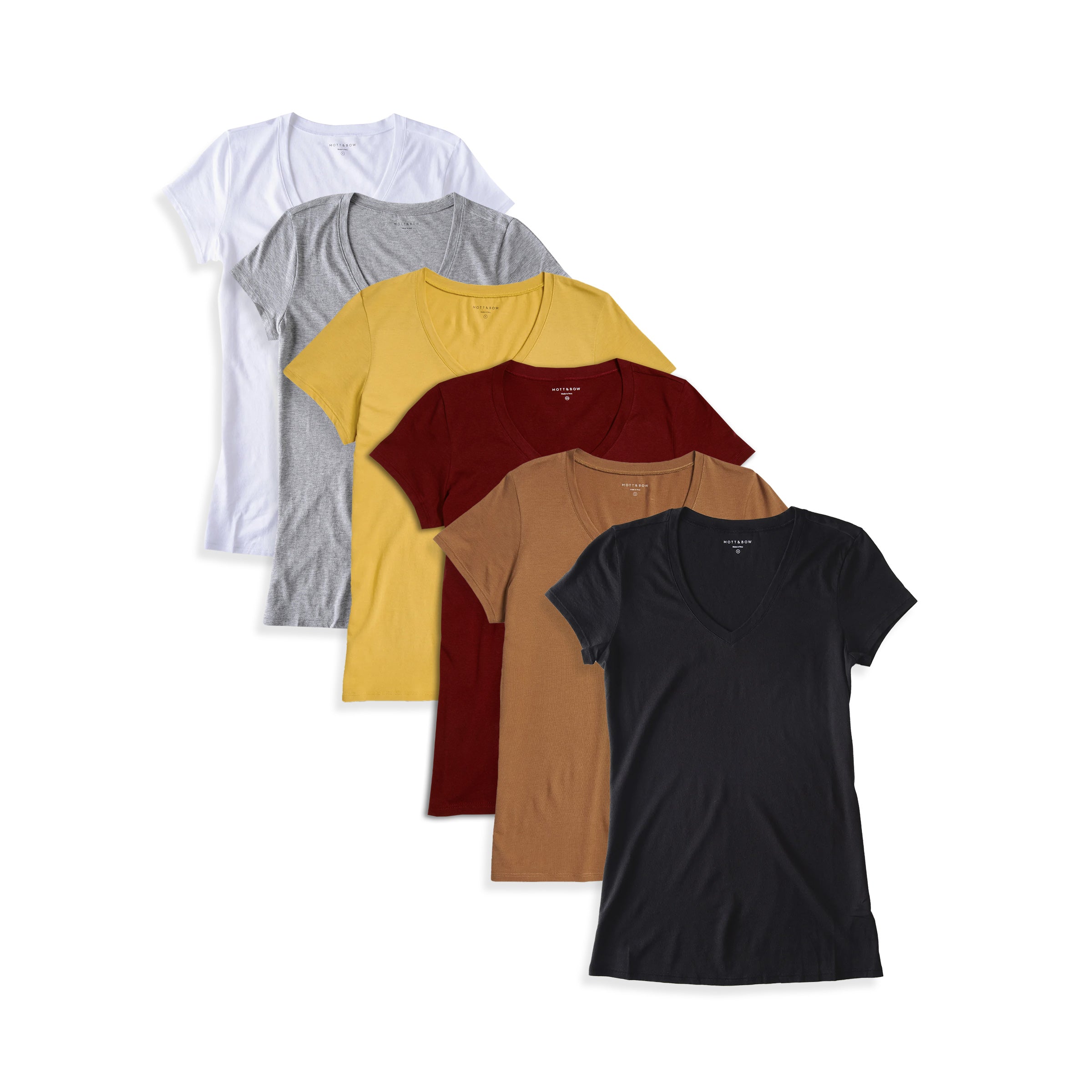 Women wearing White/Heather Gray/Golden Brown/Crimson/Cardamom/Black Fitted V-Neck Marcy 6-Pack