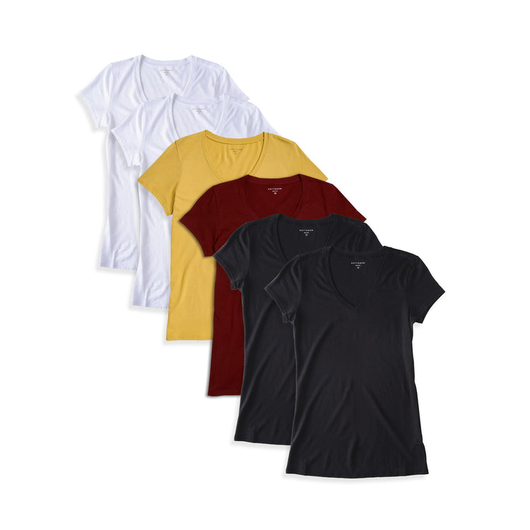  wearing White/Golden Brown/Crimson/Black Fitted V-Neck Marcy 6-Pack