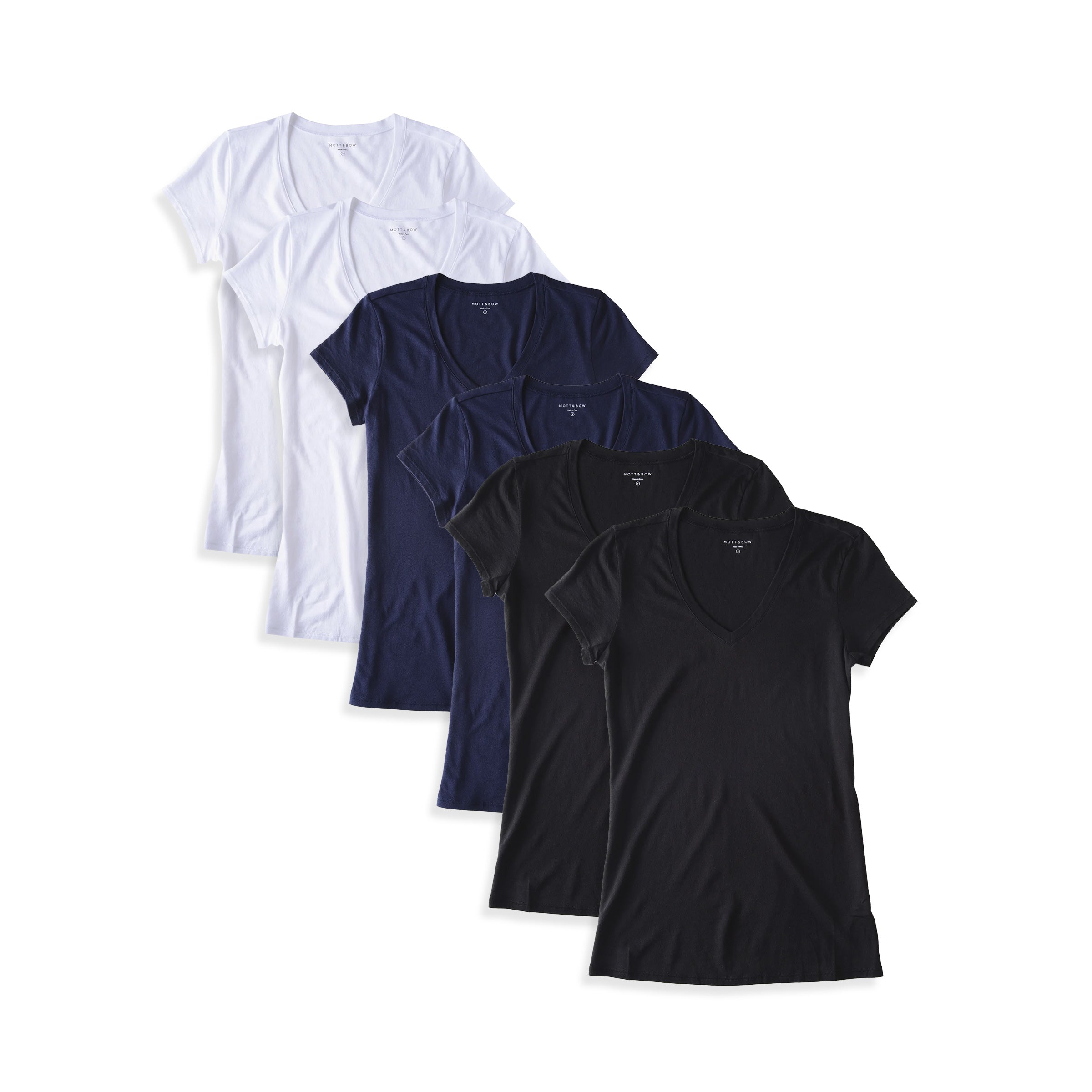 Women wearing Black/Navy/White Fitted V-Neck Marcy 6-Pack