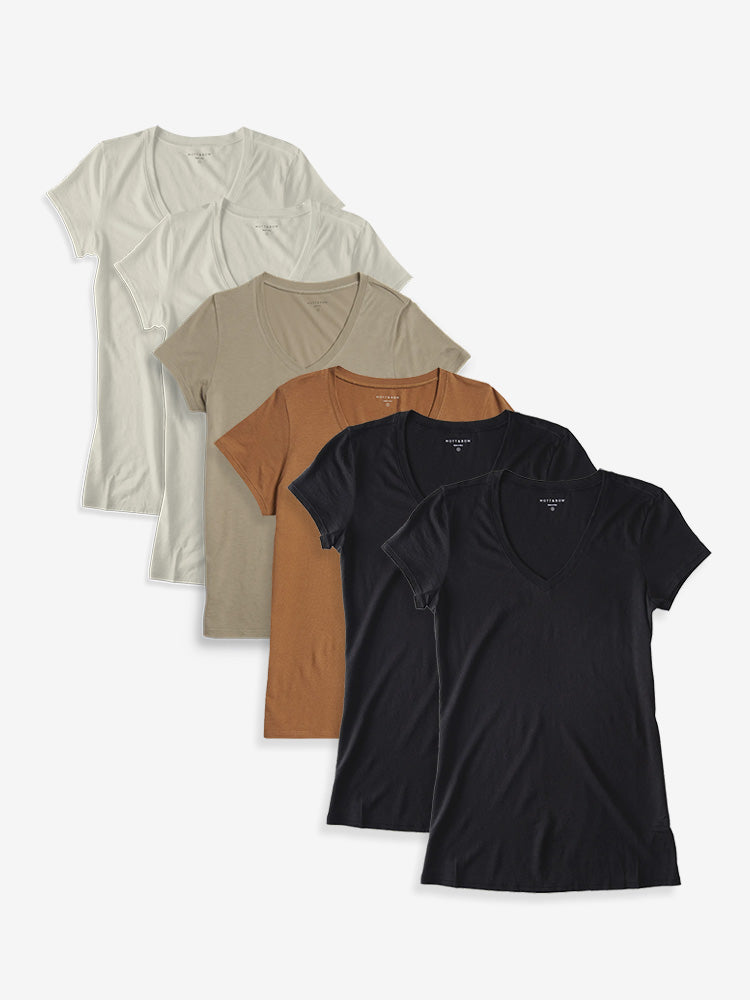Women wearing Black/Black/Cardamon/Olive/Vintage White/Vintage White Fitted V-Neck Marcy 6-Pack