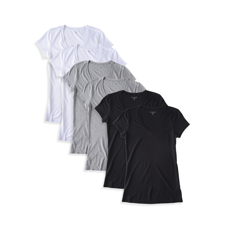 Women wearing Black/White/Heather Gray Fitted V-Neck Marcy 6-Pack