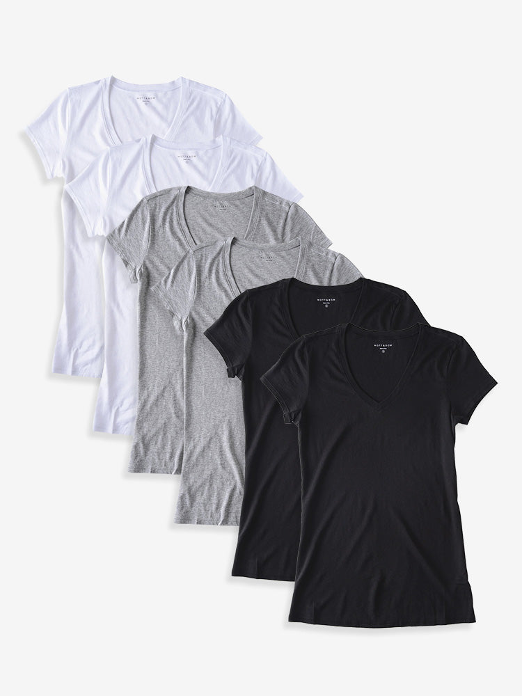  wearing Black/White/Heather Gray Fitted V-Neck Marcy 6-Pack