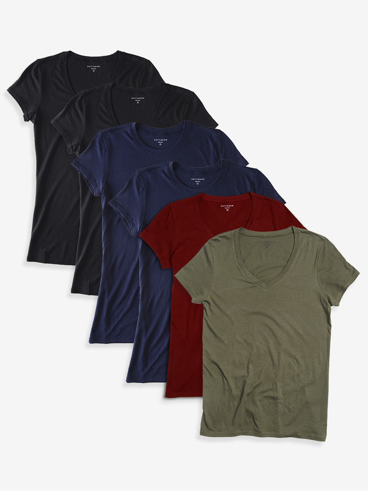 Women wearing Black/Navy/Crimson/Military Green Fitted V-Neck Marcy 6-Pack tees