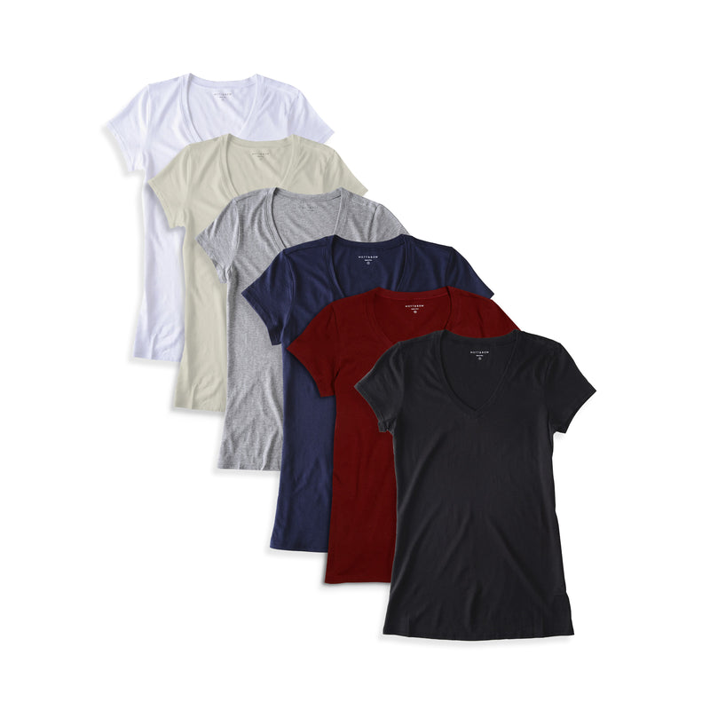 wearing Black/White/Heather Gray/Navy/Vintage White/Crimson Fitted V-Neck Marcy 6-Pack