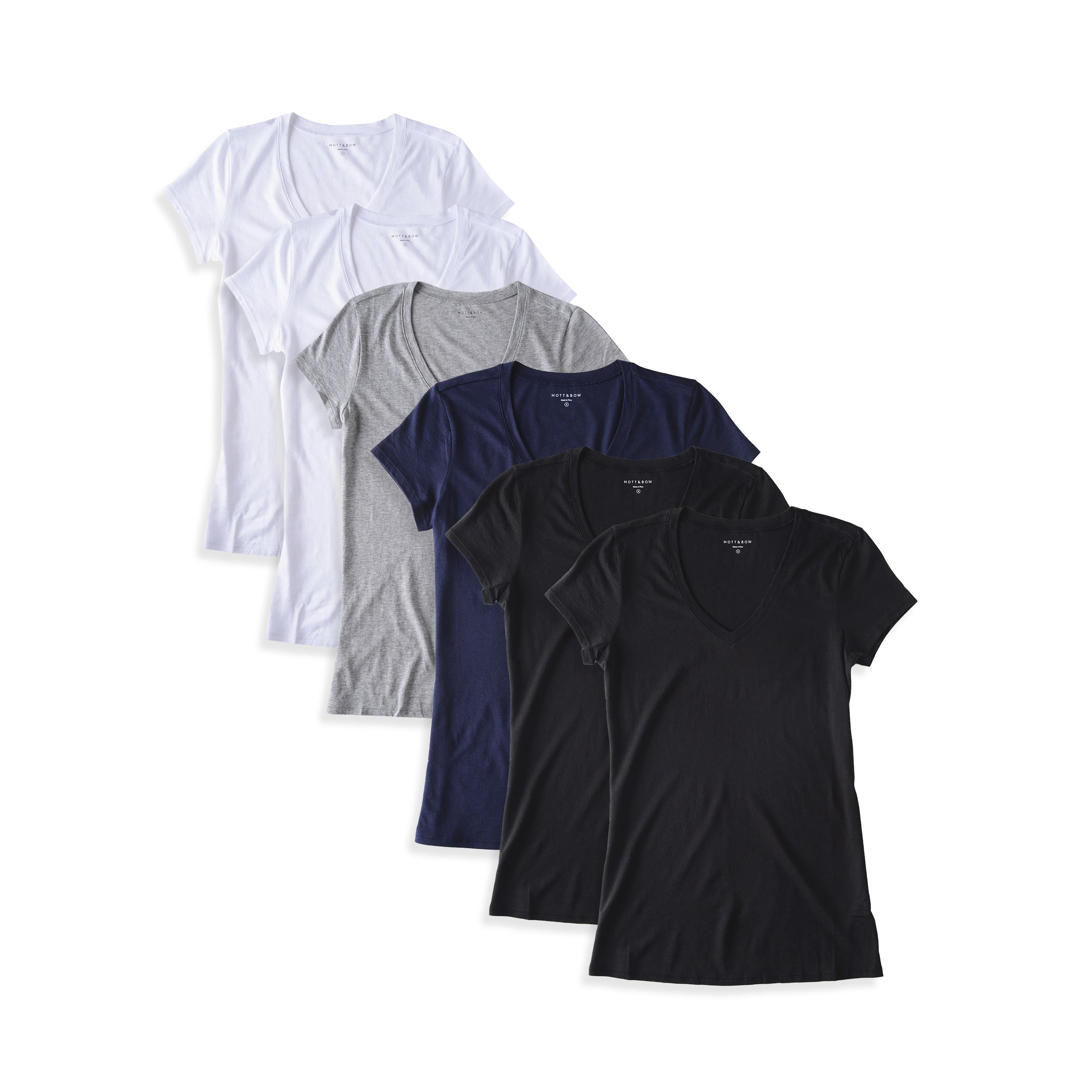 Women wearing Black/White/Heather Gray/Navy Fitted V-Neck Marcy 6-Pack