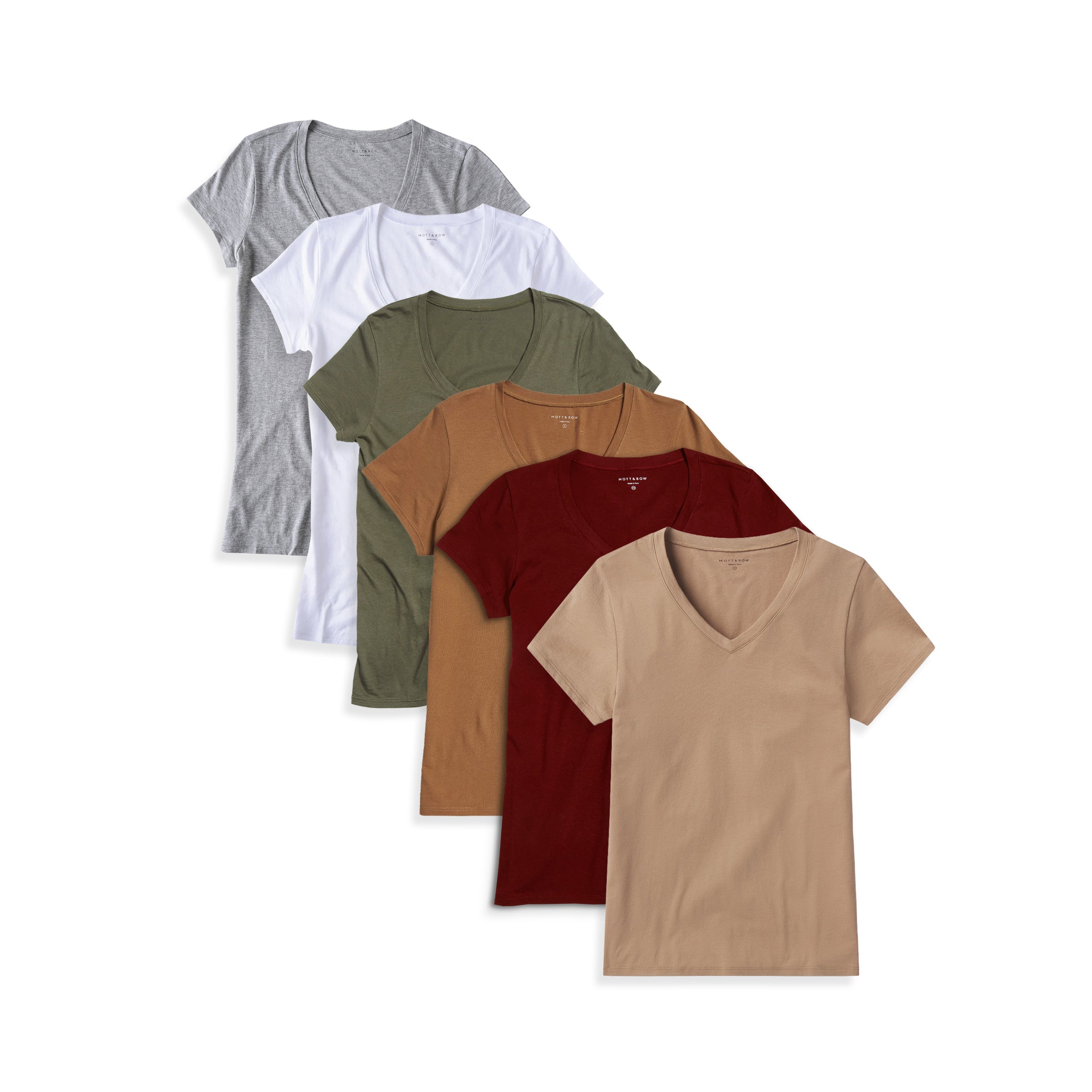 Women wearing Military Green/White/Cardamom/Heather Gray/Crimson/Sienna Fitted V-Neck Marcy 6-Pack tees