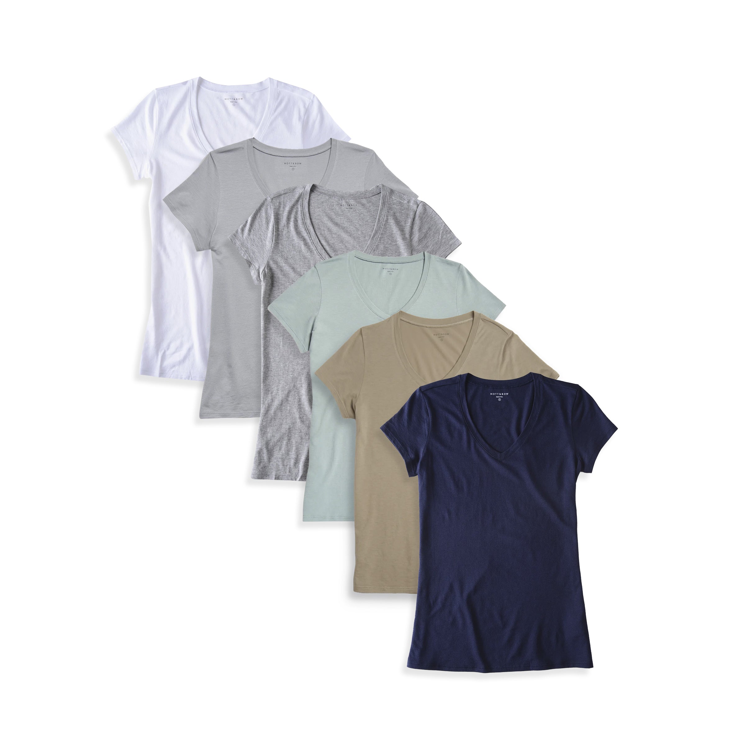 Women wearing White/Light Gray/Heather Gray/Vine/Olive/Navy Fitted V-Neck Marcy 6-Pack