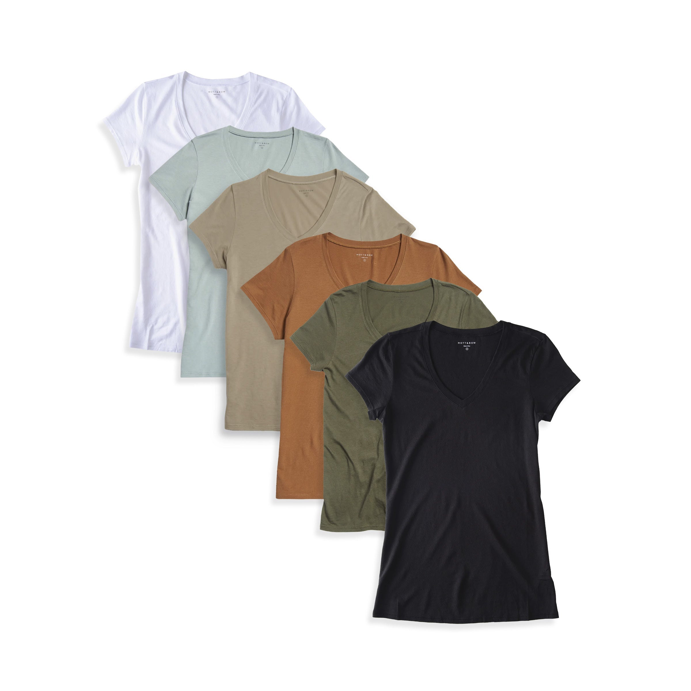 Women wearing White/Vine/Olive/Cardamom/Military Green/Black Fitted V-Neck Marcy 6-Pack